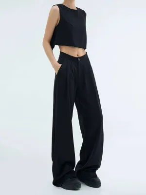 Casual High Waist Black Slim Looking Drooping Wide-Leg Pants