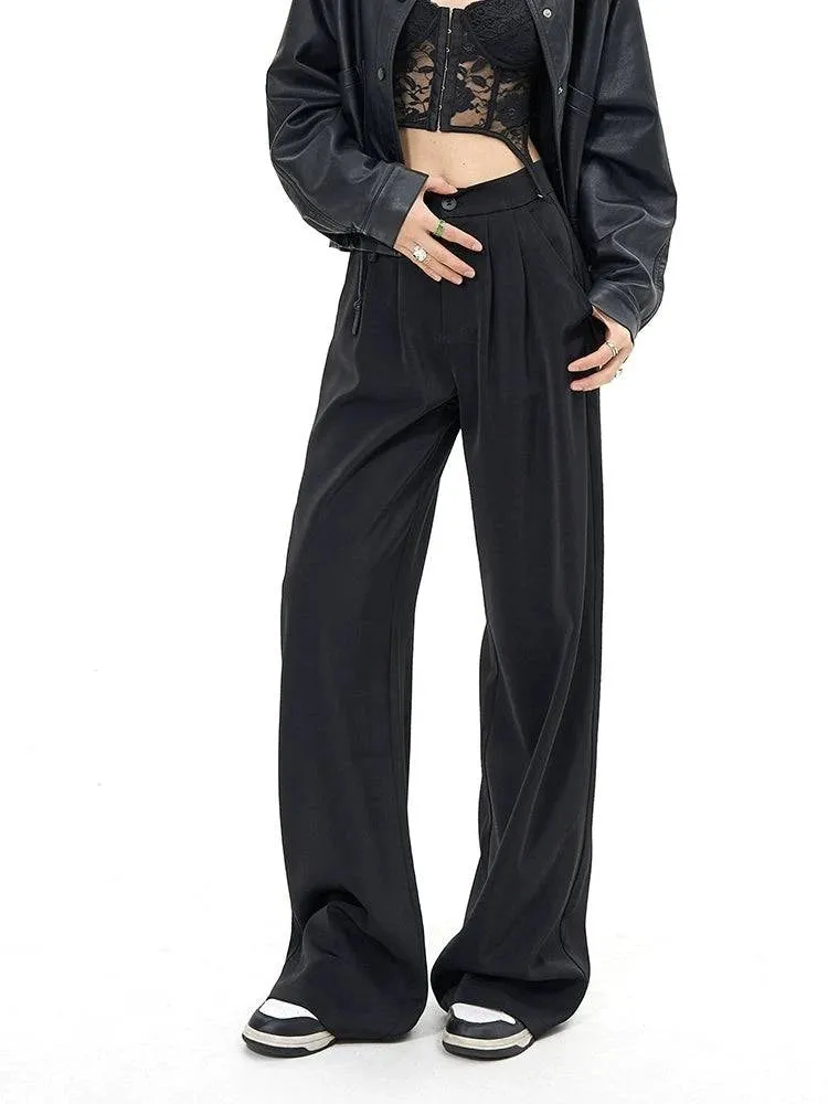 Casual High Waist Black Slim Looking Drooping Wide-Leg Pants