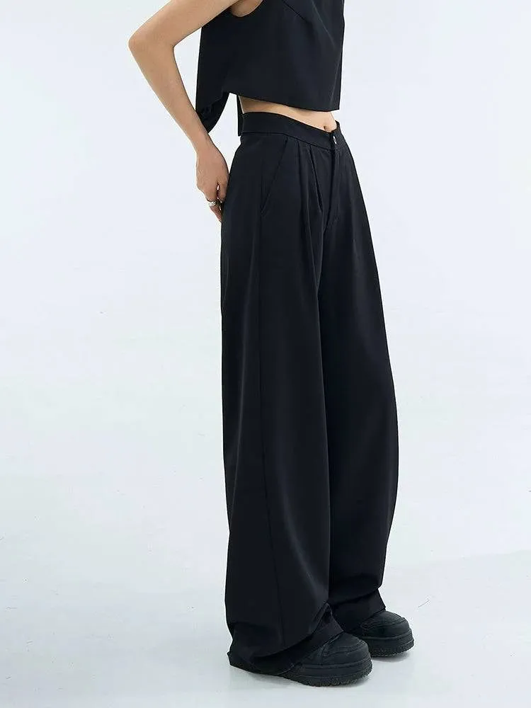 Casual High Waist Black Slim Looking Drooping Wide-Leg Pants