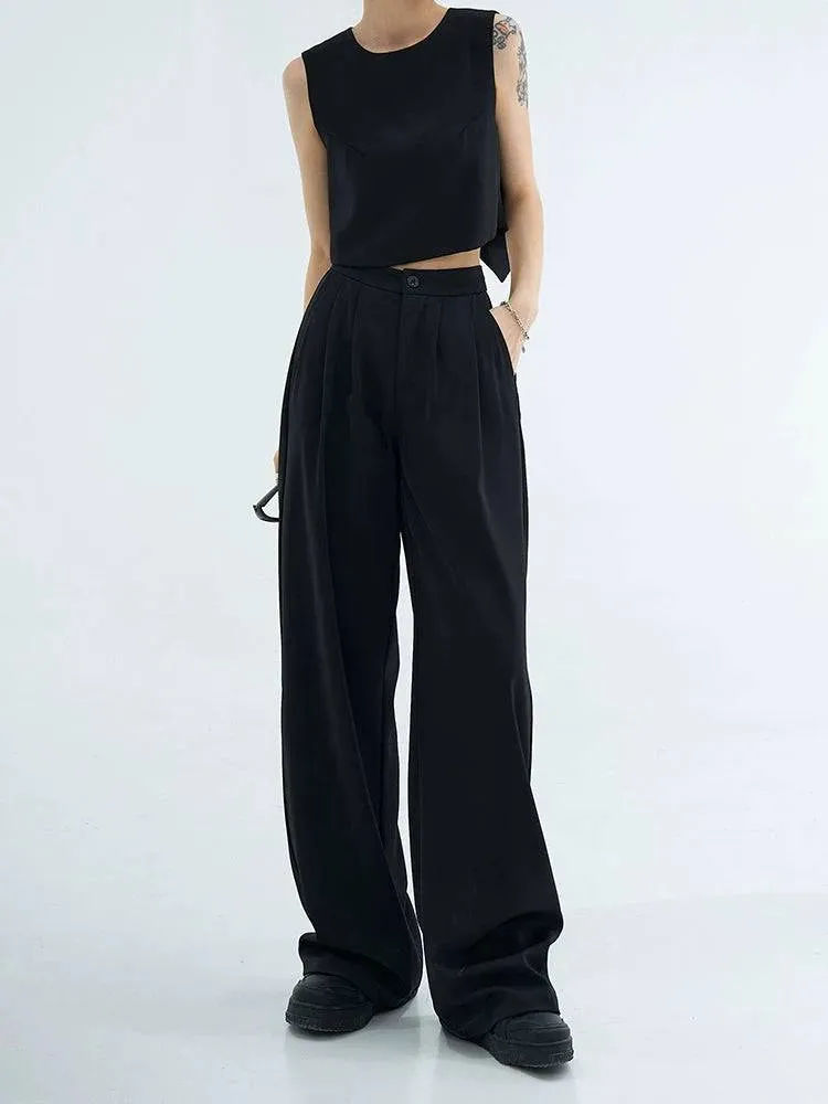 Casual High Waist Black Slim Looking Drooping Wide-Leg Pants