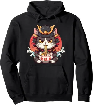 Cat Ramen Graphic Tee Japanese Kawaii Anime Samurai Style Pullover Hoodie