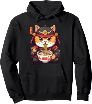 Cat Ramen Graphic Tee Japanese Kawaii Anime Samurai Style Pullover Hoodie