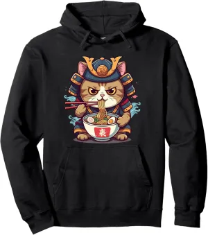 Cat Ramen Graphic Tee Japanese Kawaii Anime Samurai Style Pullover Hoodie