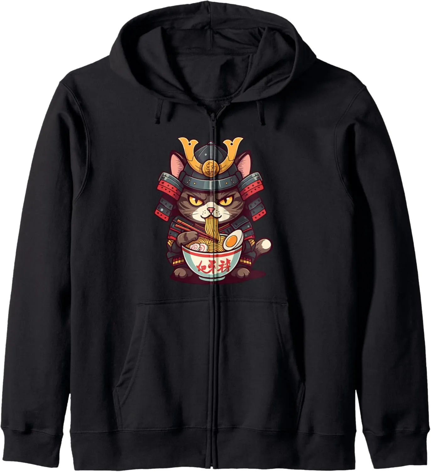 Cat Ramen Graphic Tee Japanese Kawaii Anime Samurai Style Zip Hoodie