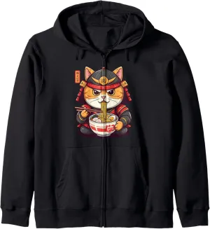 Cat Ramen Graphic Tee Japanese Kawaii Anime Samurai Style Zip Hoodie