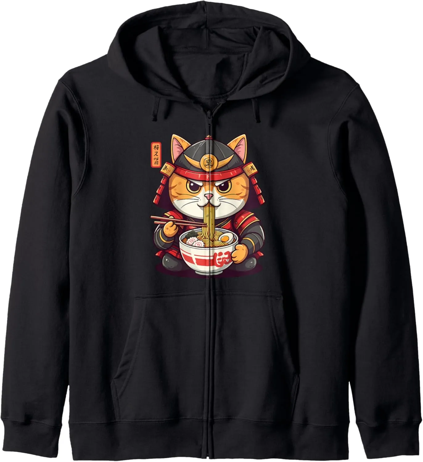 Cat Ramen Graphic Tee Japanese Kawaii Anime Samurai Style Zip Hoodie