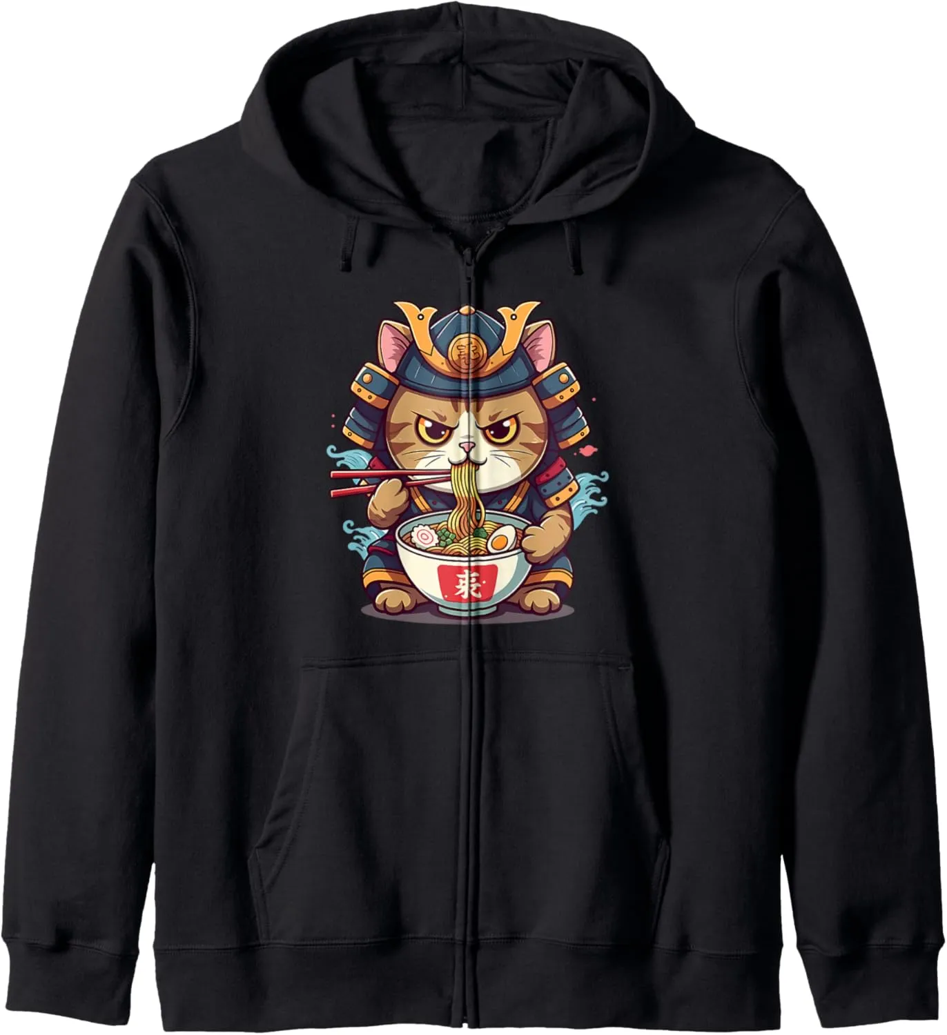 Cat Ramen Graphic Tee Japanese Kawaii Anime Samurai Style Zip Hoodie
