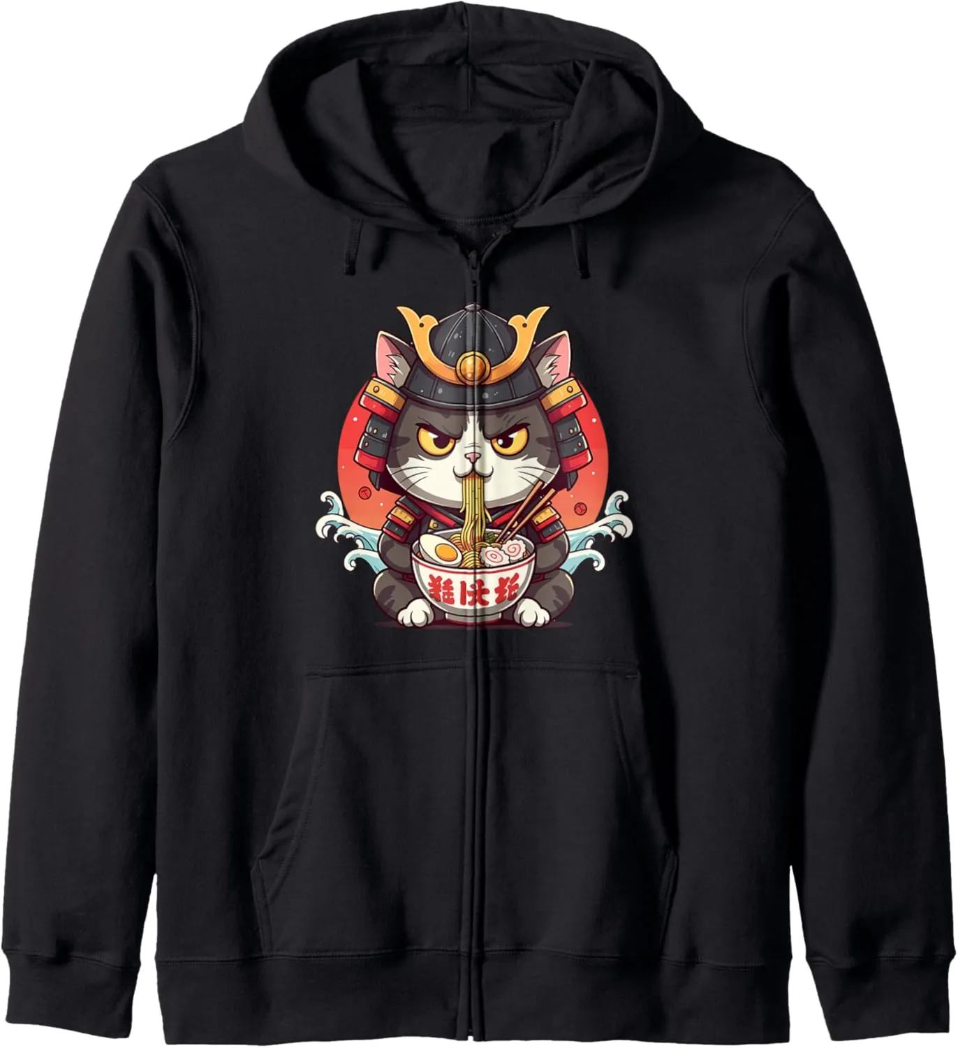 Cat Ramen Graphic Tee Japanese Kawaii Anime Samurai Style Zip Hoodie