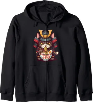 Cat Ramen Graphic Tee Japanese Kawaii Anime Samurai Style Zip Hoodie