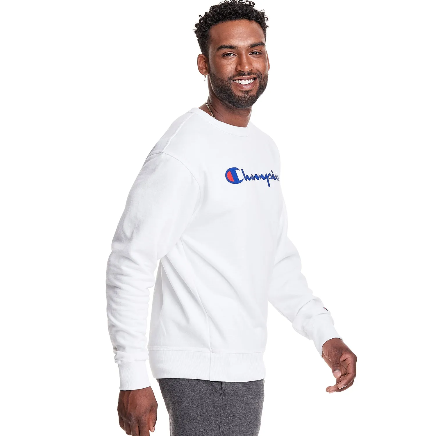 Champion Men's Powerblend Crew Neck Long Sleeve Sweatshirt White