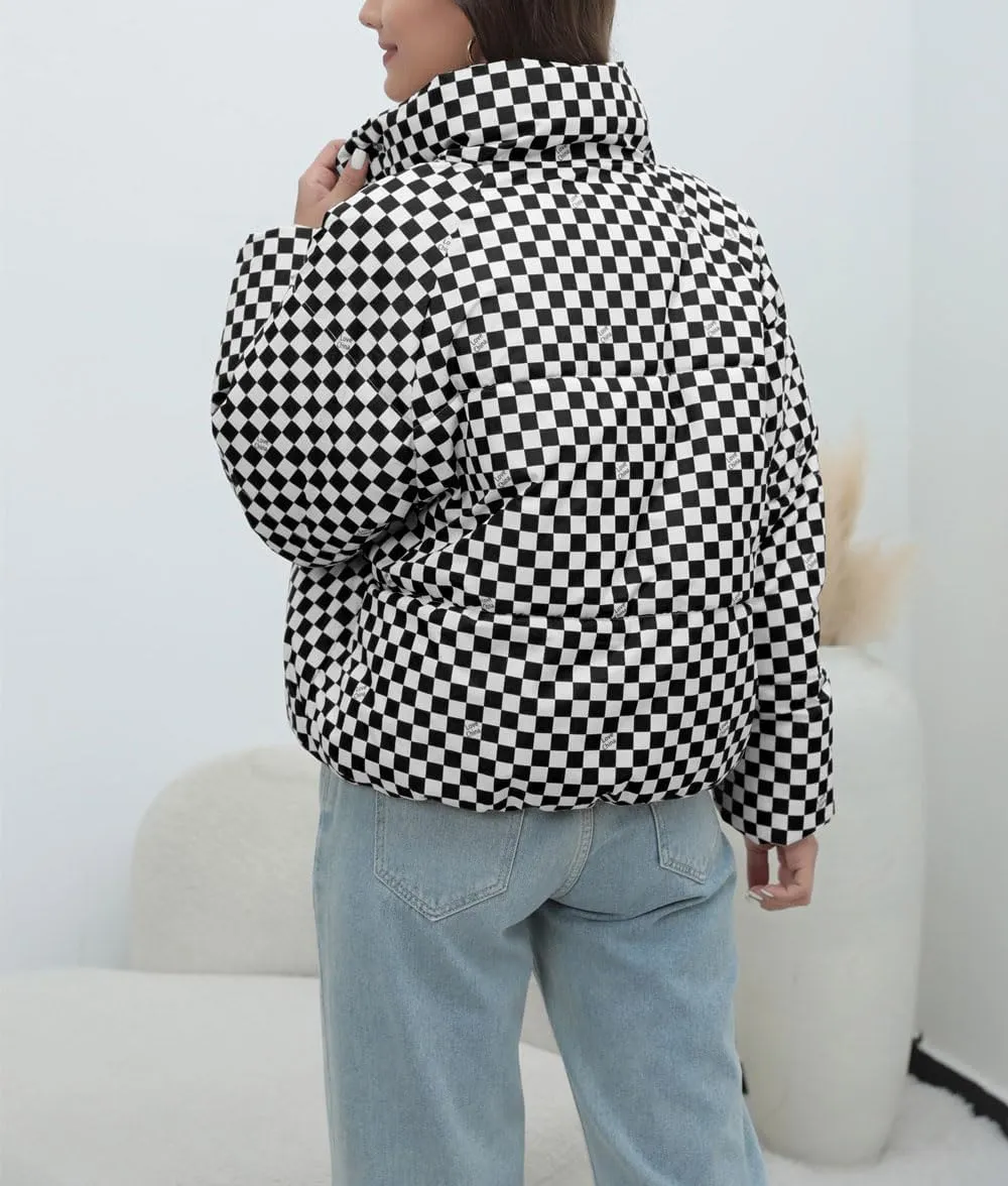 chouyatou Women's Winter Plaid Checkered Quilted Puffer Jacket Stand Collar Zip Up Short Puffy Down Coat