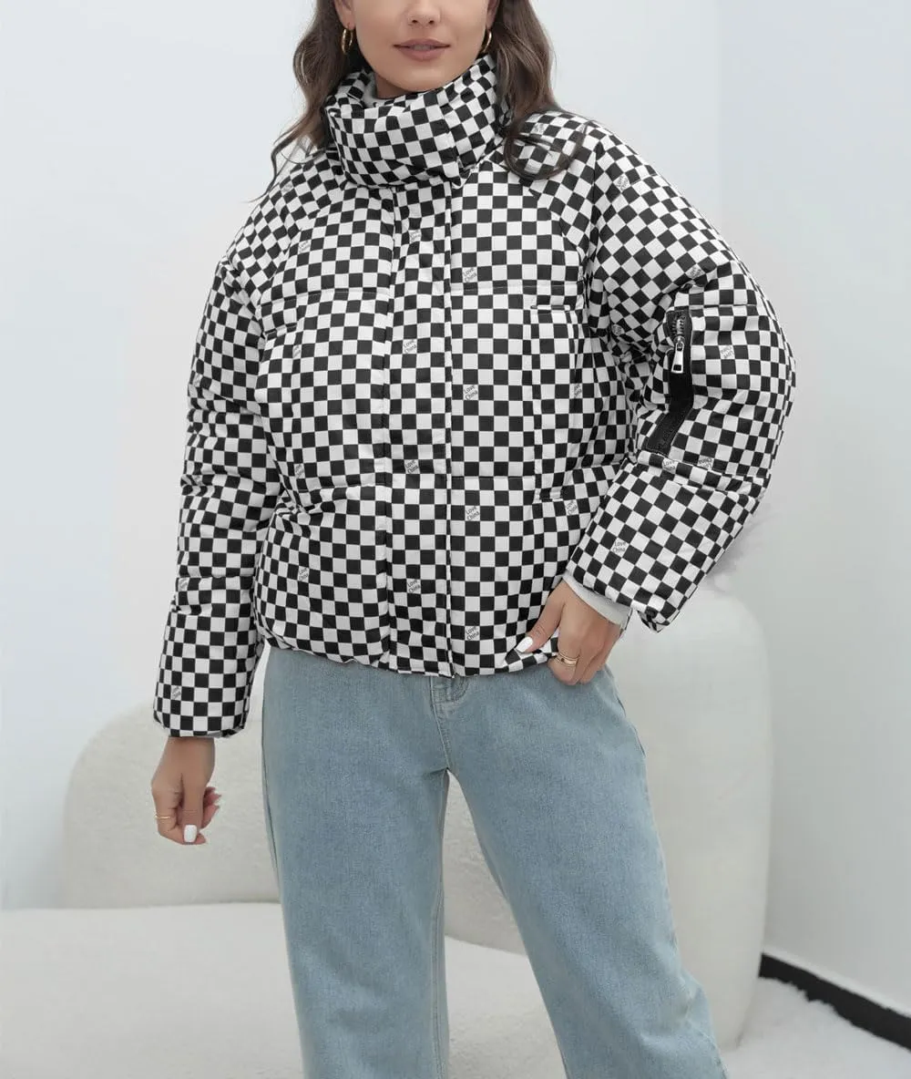 chouyatou Women's Winter Plaid Checkered Quilted Puffer Jacket Stand Collar Zip Up Short Puffy Down Coat