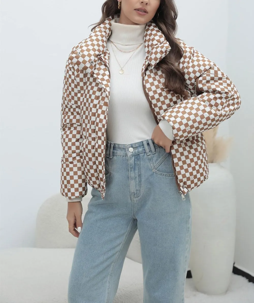 chouyatou Women's Winter Plaid Checkered Quilted Puffer Jacket Stand Collar Zip Up Short Puffy Down Coat