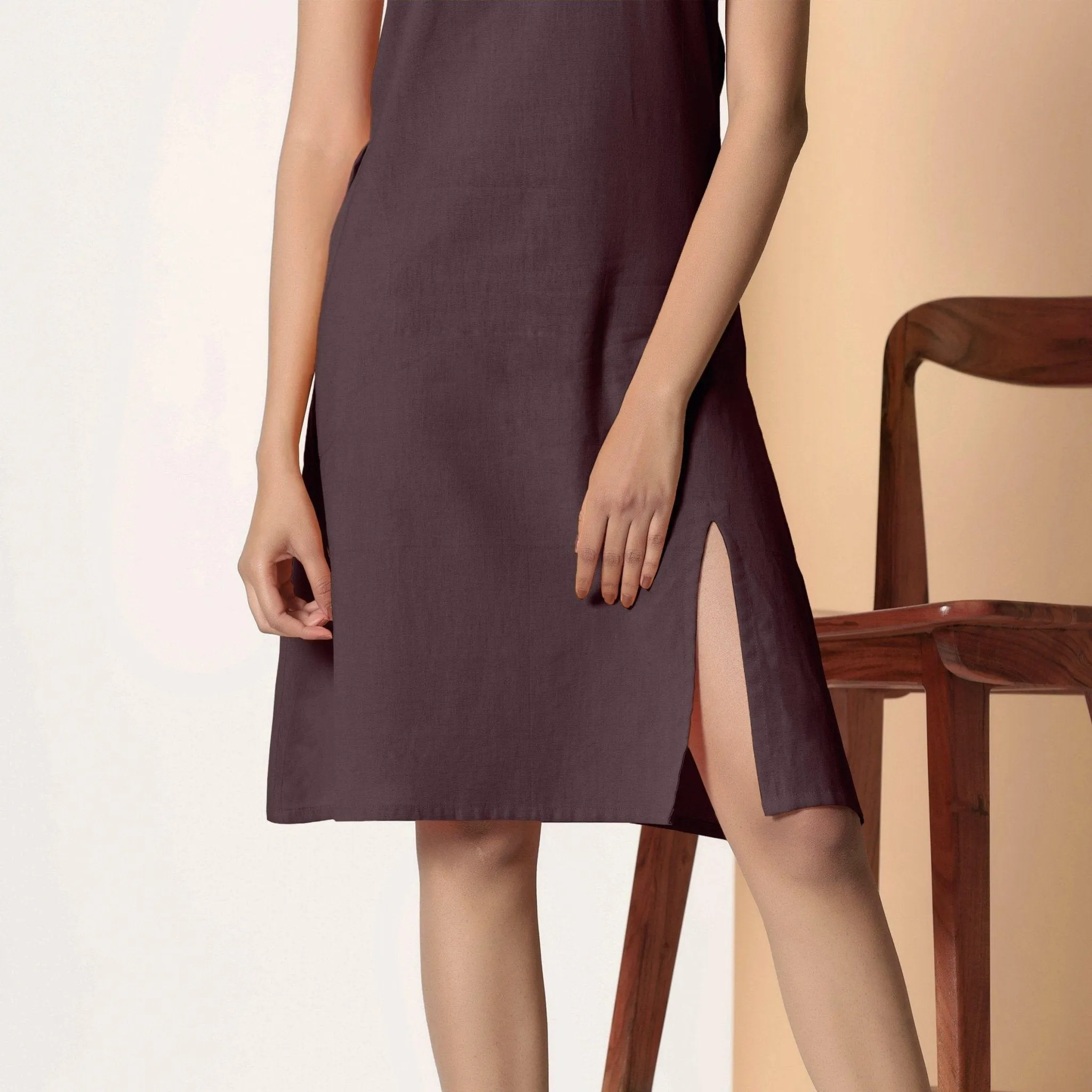 Cocoa Brown Cotton Flax Knee Length Strappy Slit Dress