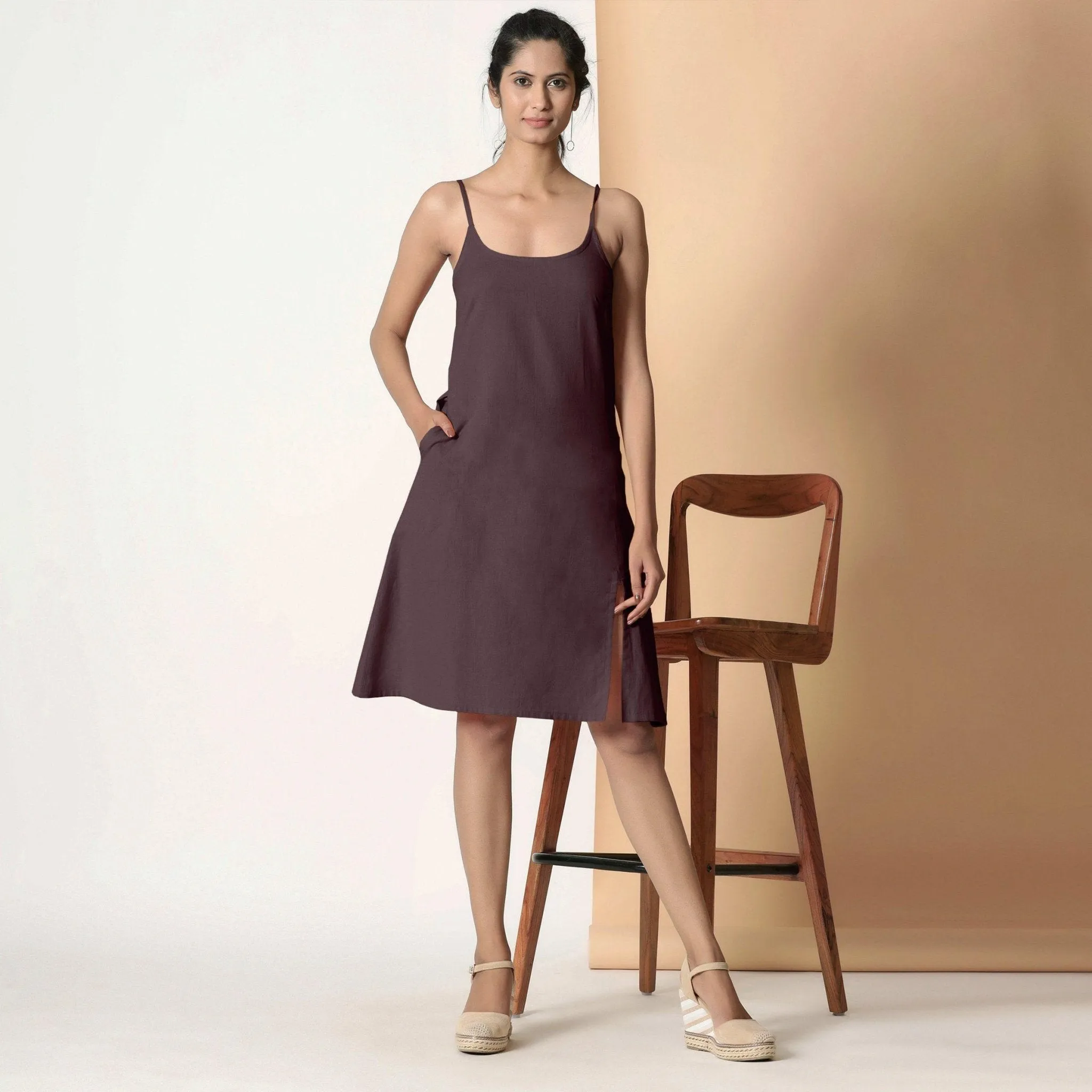 Cocoa Brown Cotton Flax Knee Length Strappy Slit Dress