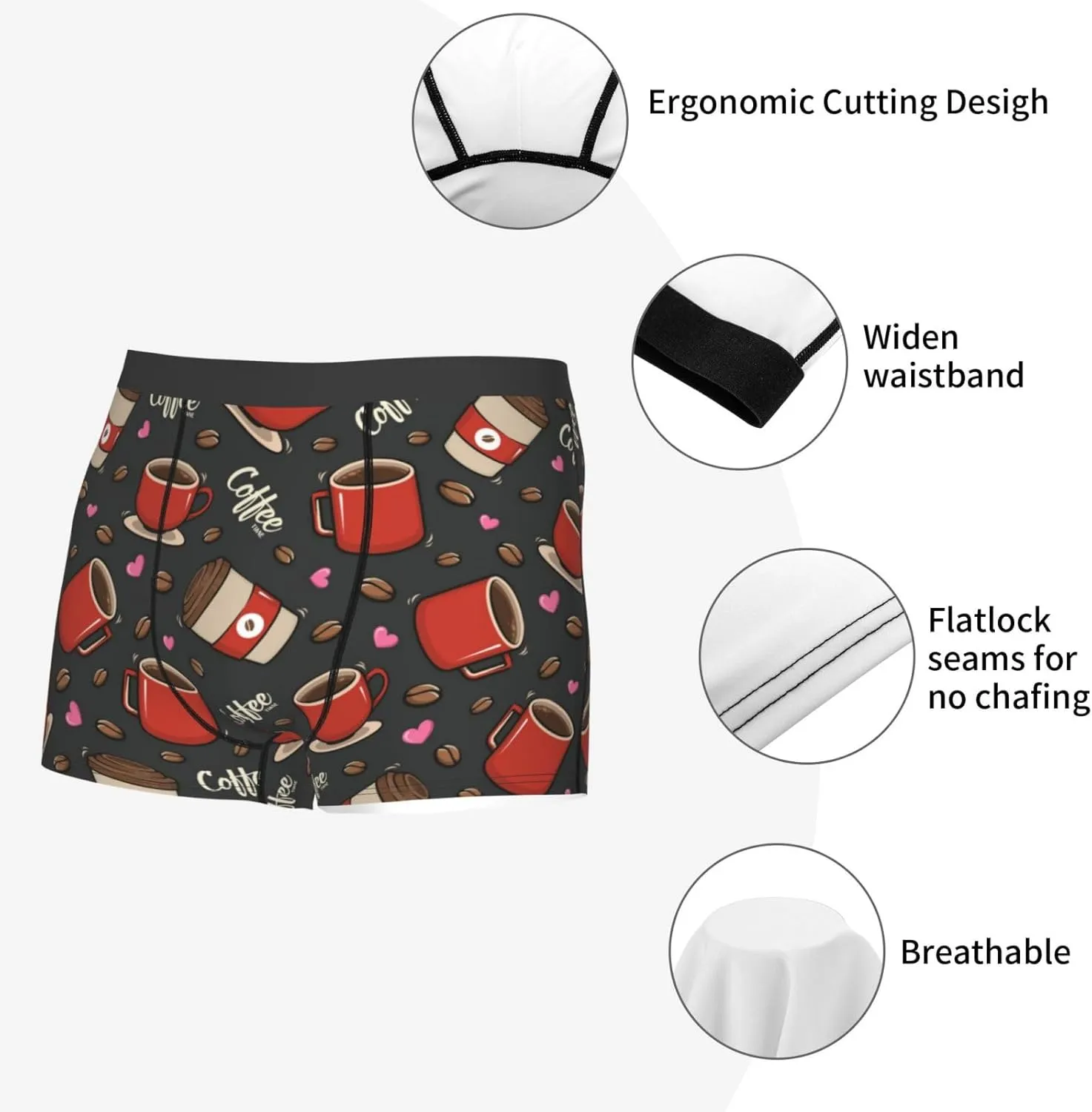 Coffee Mug Cup Print Boxer Briefs For Men Breathable Underwear-