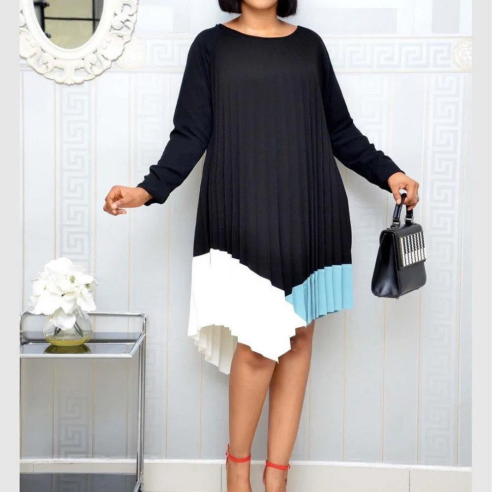 Color Block Patchwork Pleated Summer Dress Irregular