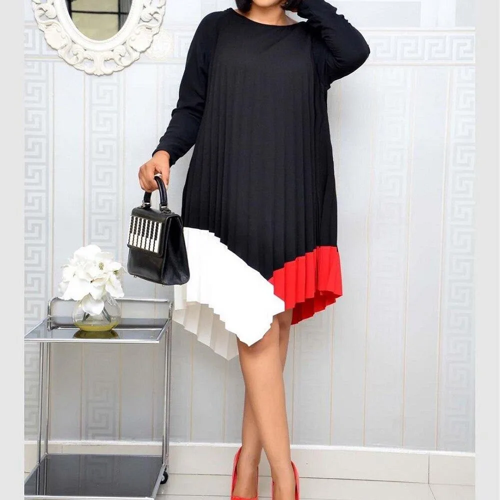 Color Block Patchwork Pleated Summer Dress Irregular
