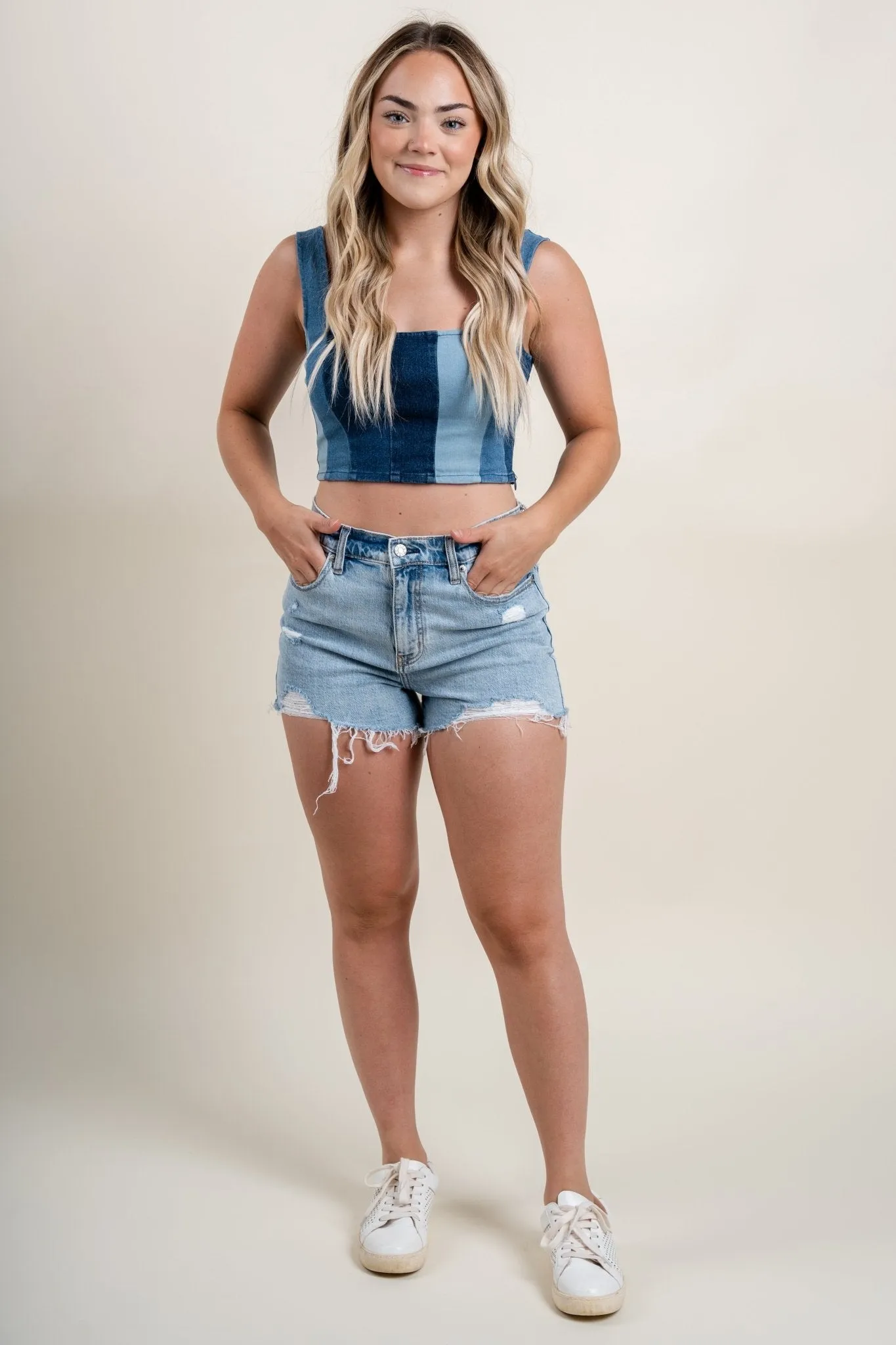 Colorblock denim crop top denim