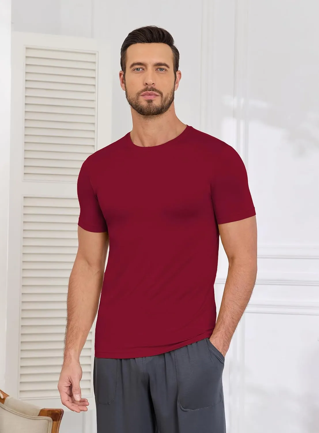 COLORFULLEAF Men's Undershirts Bamboo Rayon Short Sleeve Crewneck/V-Neck Tees Slim-fit T-Shirts 3 or 5 Pack