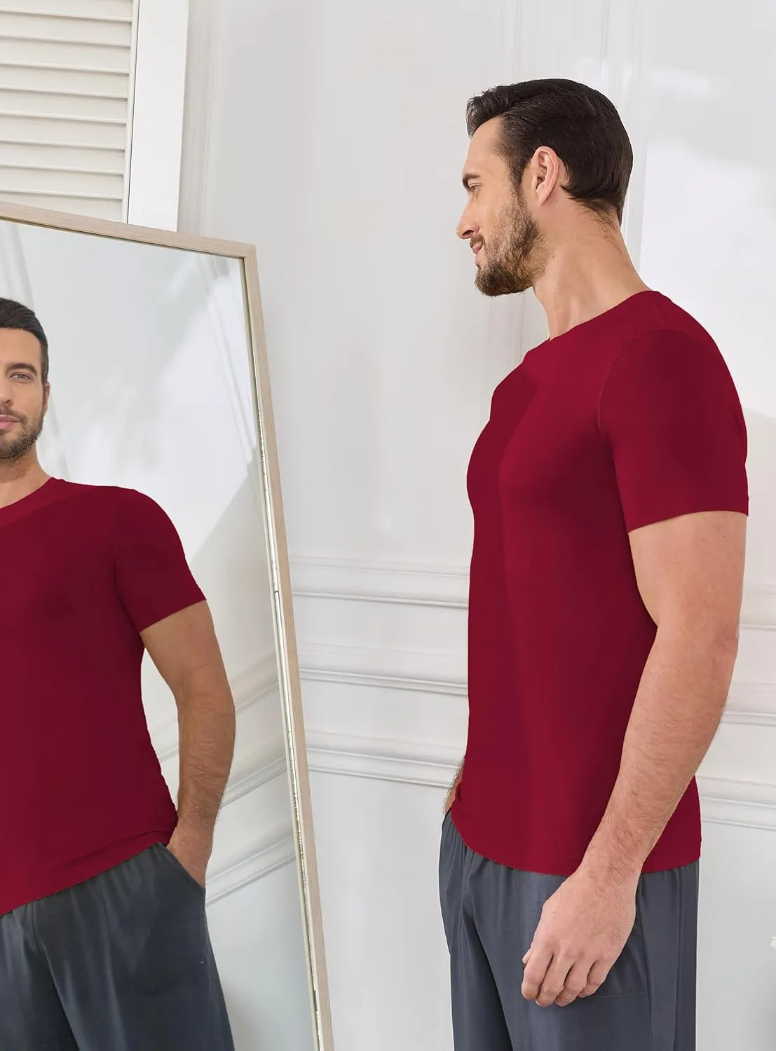 COLORFULLEAF Men's Undershirts Bamboo Rayon Short Sleeve Crewneck/V-Neck Tees Slim-fit T-Shirts 3 or 5 Pack
