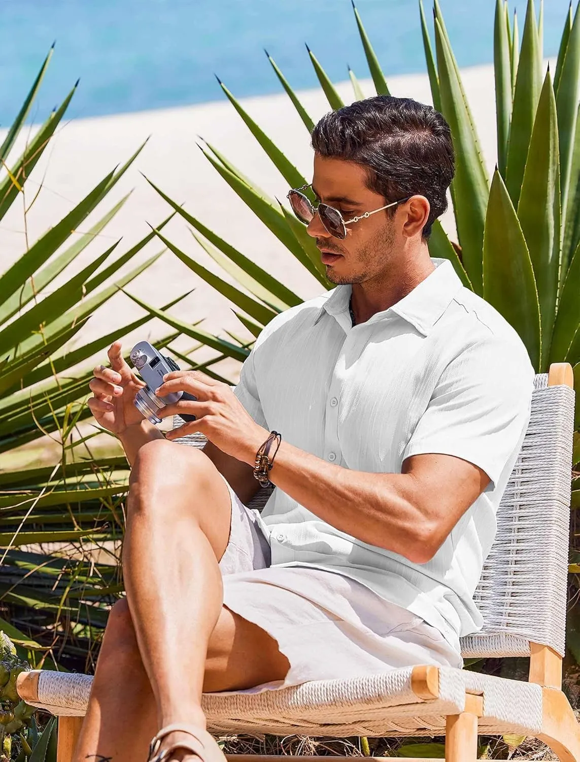 COOFANDY Men's Casual Button Down Shirts Short Sleeve Textured Summer Beach Shirts