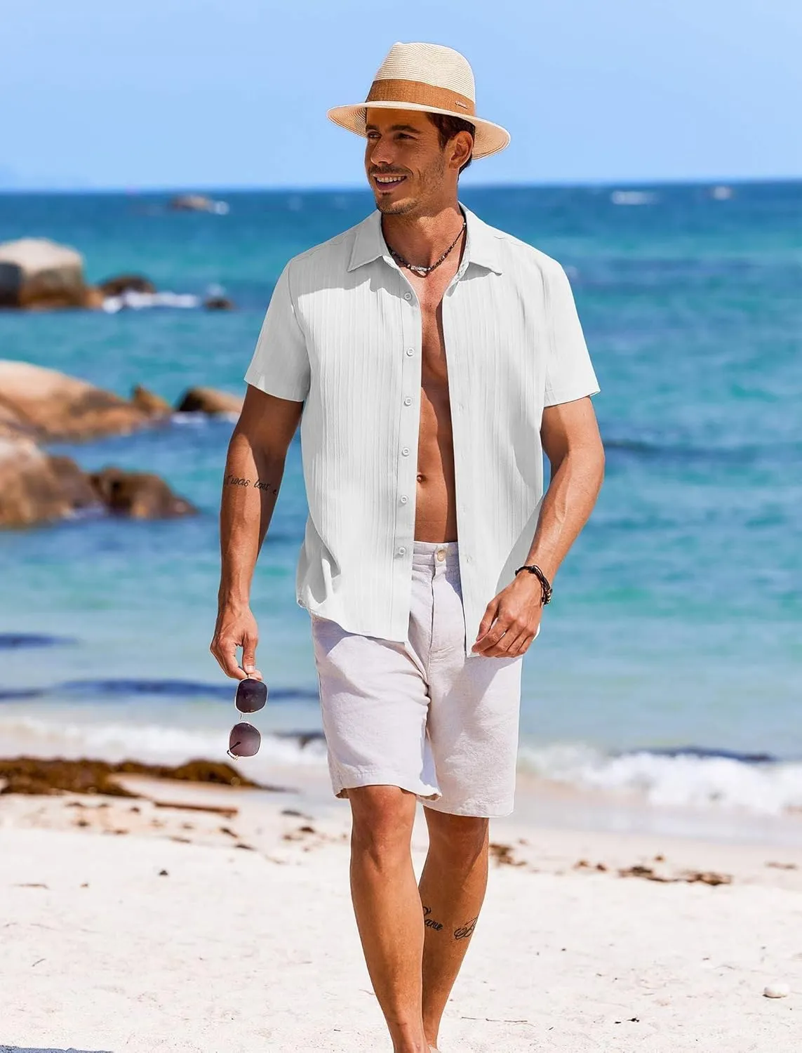 COOFANDY Men's Casual Button Down Shirts Short Sleeve Textured Summer Beach Shirts