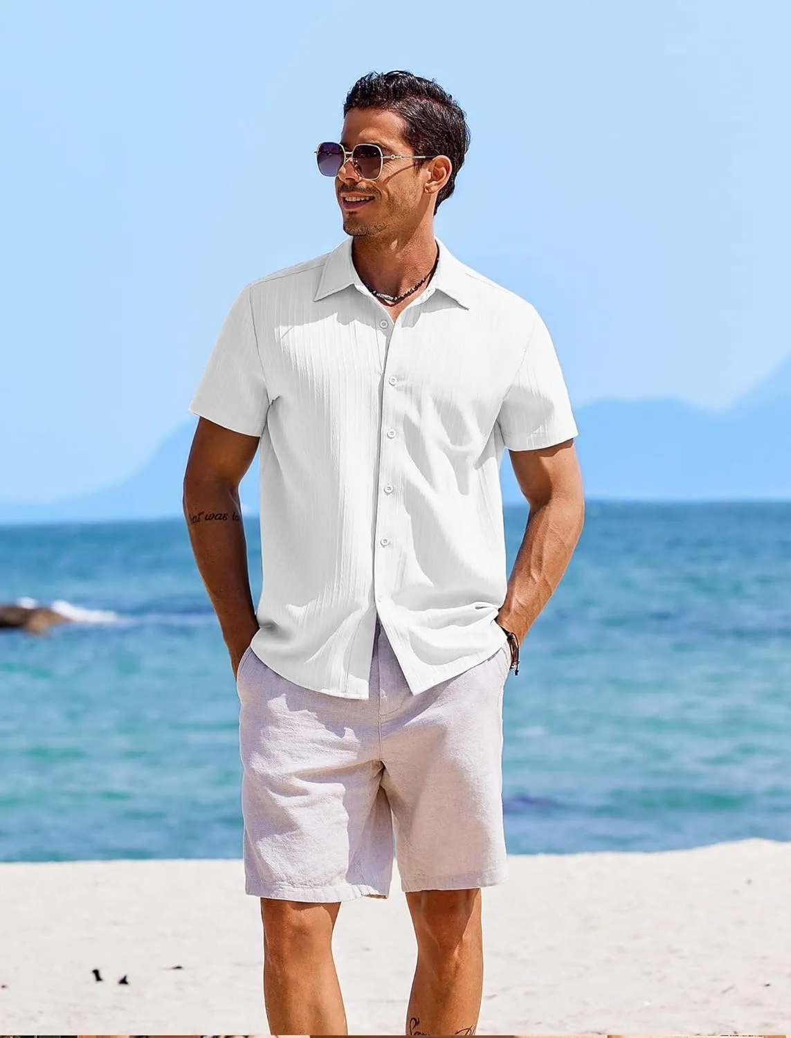 COOFANDY Men's Casual Button Down Shirts Short Sleeve Textured Summer Beach Shirts
