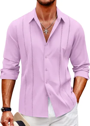 COOFANDY Mens Cuban Guayabera Shirt Casual Button Down Shirts Long Sleeve Summer Beach Shirts