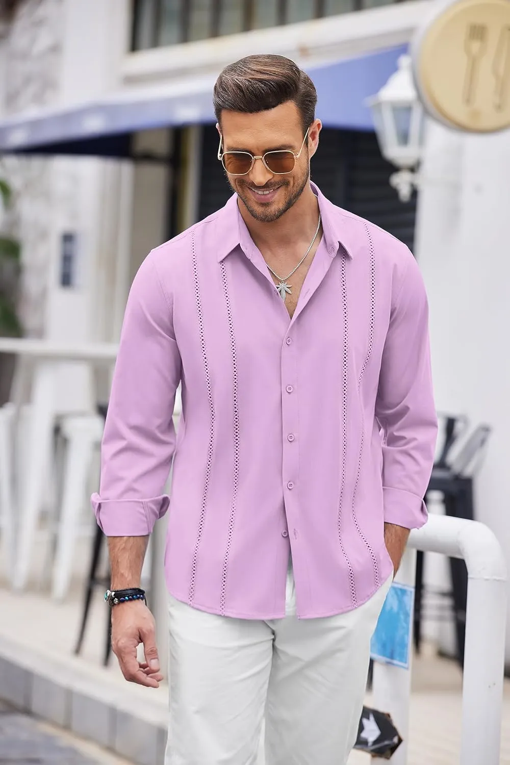 COOFANDY Mens Cuban Guayabera Shirt Casual Button Down Shirts Long Sleeve Summer Beach Shirts