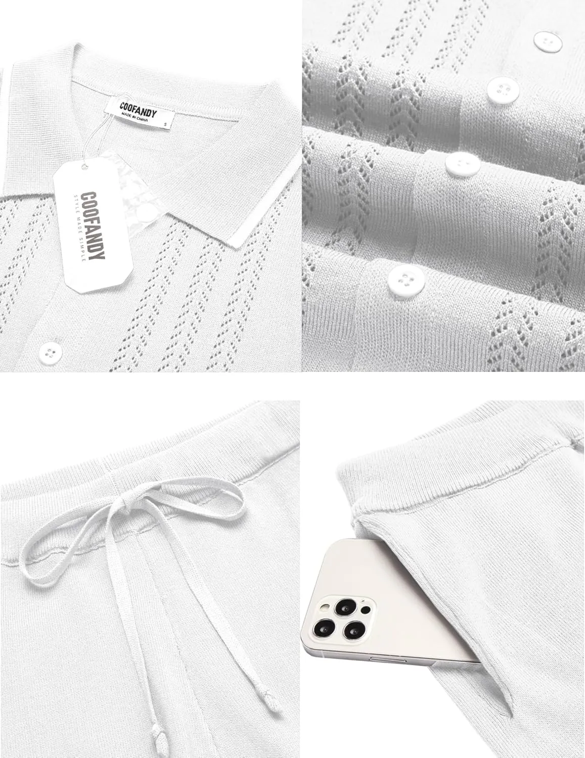 COOFANDY Men's Knit Polo Shirt Set Breathable Hollow Out Casual Button Down Shirts and Shorts