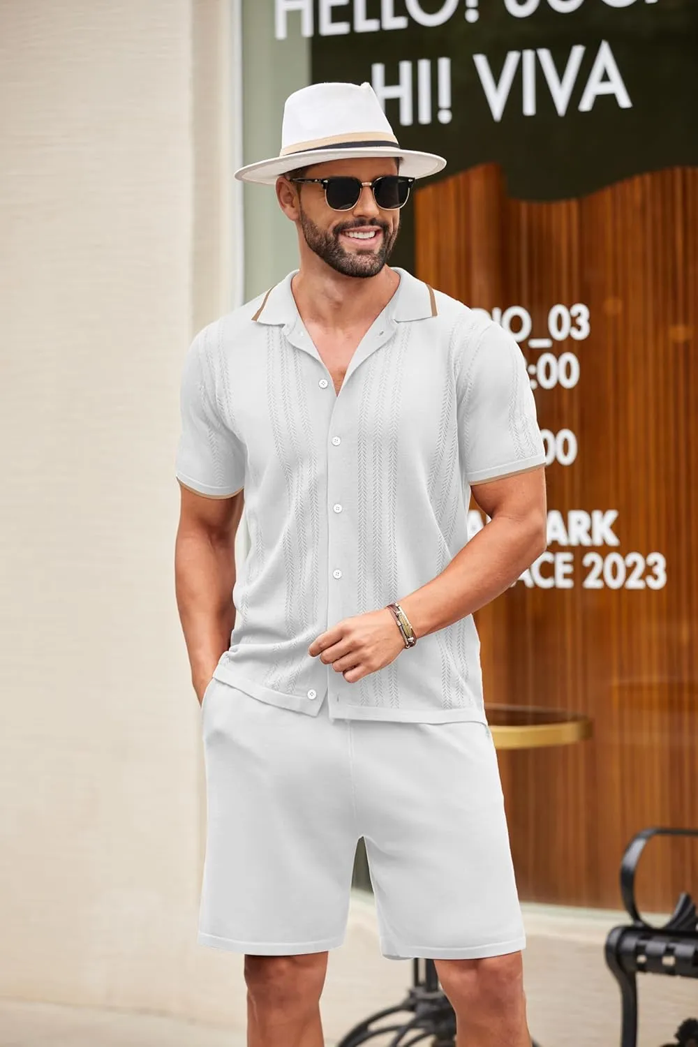 COOFANDY Men's Knit Polo Shirt Set Breathable Hollow Out Casual Button Down Shirts and Shorts