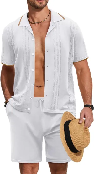 COOFANDY Men's Knit Polo Shirt Set Breathable Hollow Out Casual Button Down Shirts and Shorts