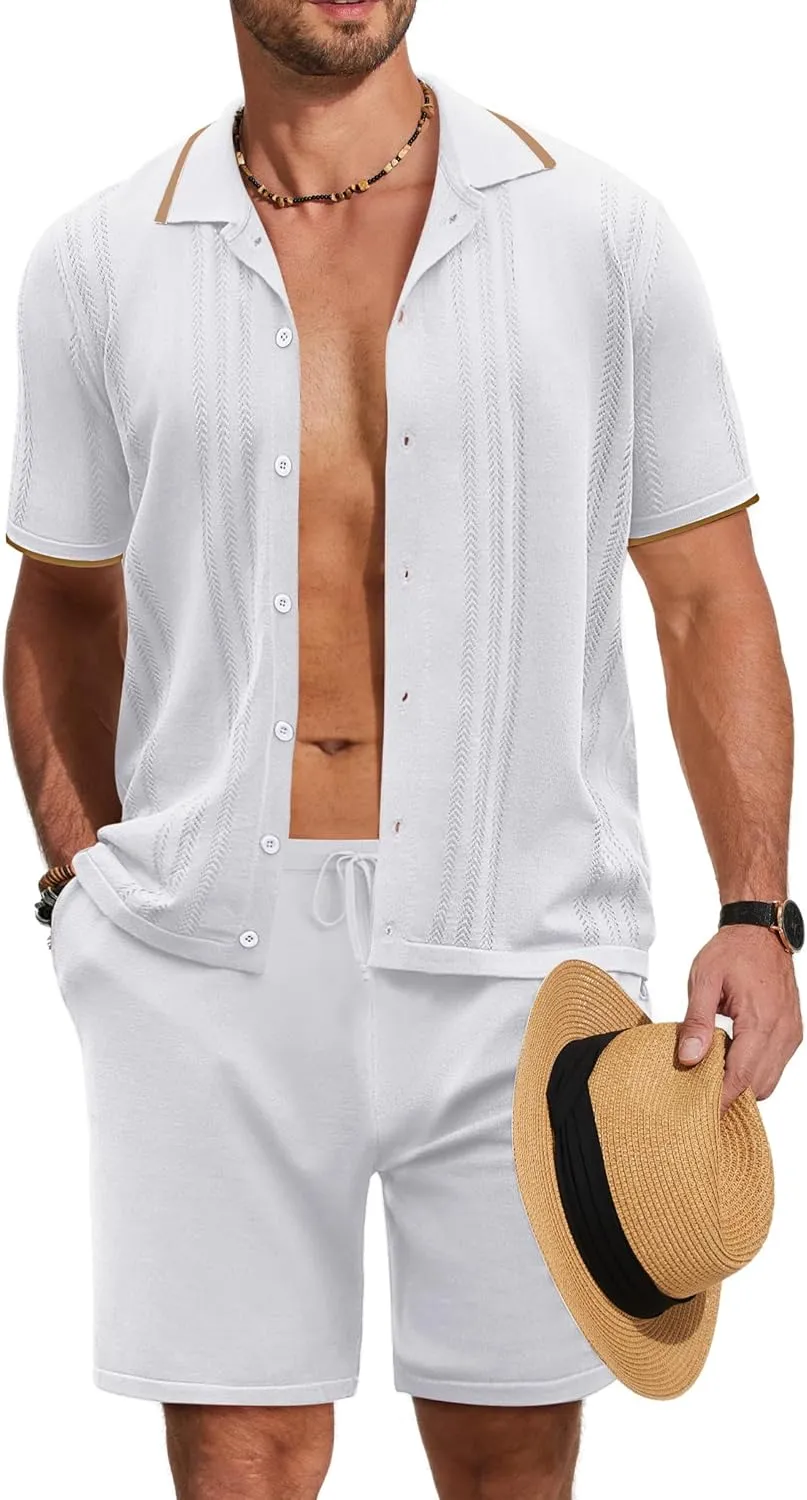 COOFANDY Men's Knit Polo Shirt Set Breathable Hollow Out Casual Button Down Shirts and Shorts