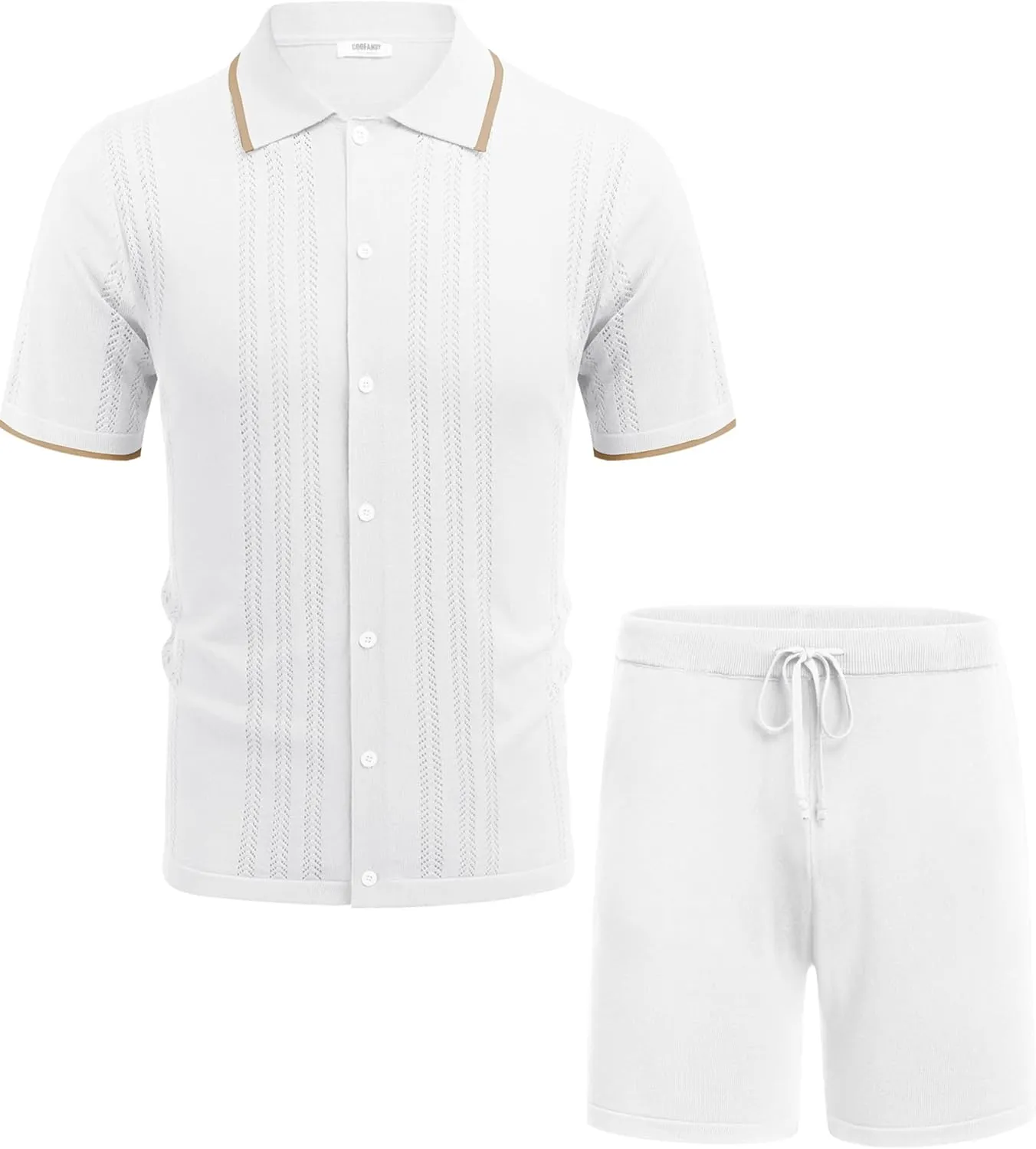 COOFANDY Men's Knit Polo Shirt Set Breathable Hollow Out Casual Button Down Shirts and Shorts