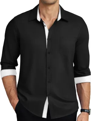 COOFANDY Men's Long Sleeve Button Down Dress Shirts Business Casual Wrinkle Free Slim Fit Untucked Shirts White-Black