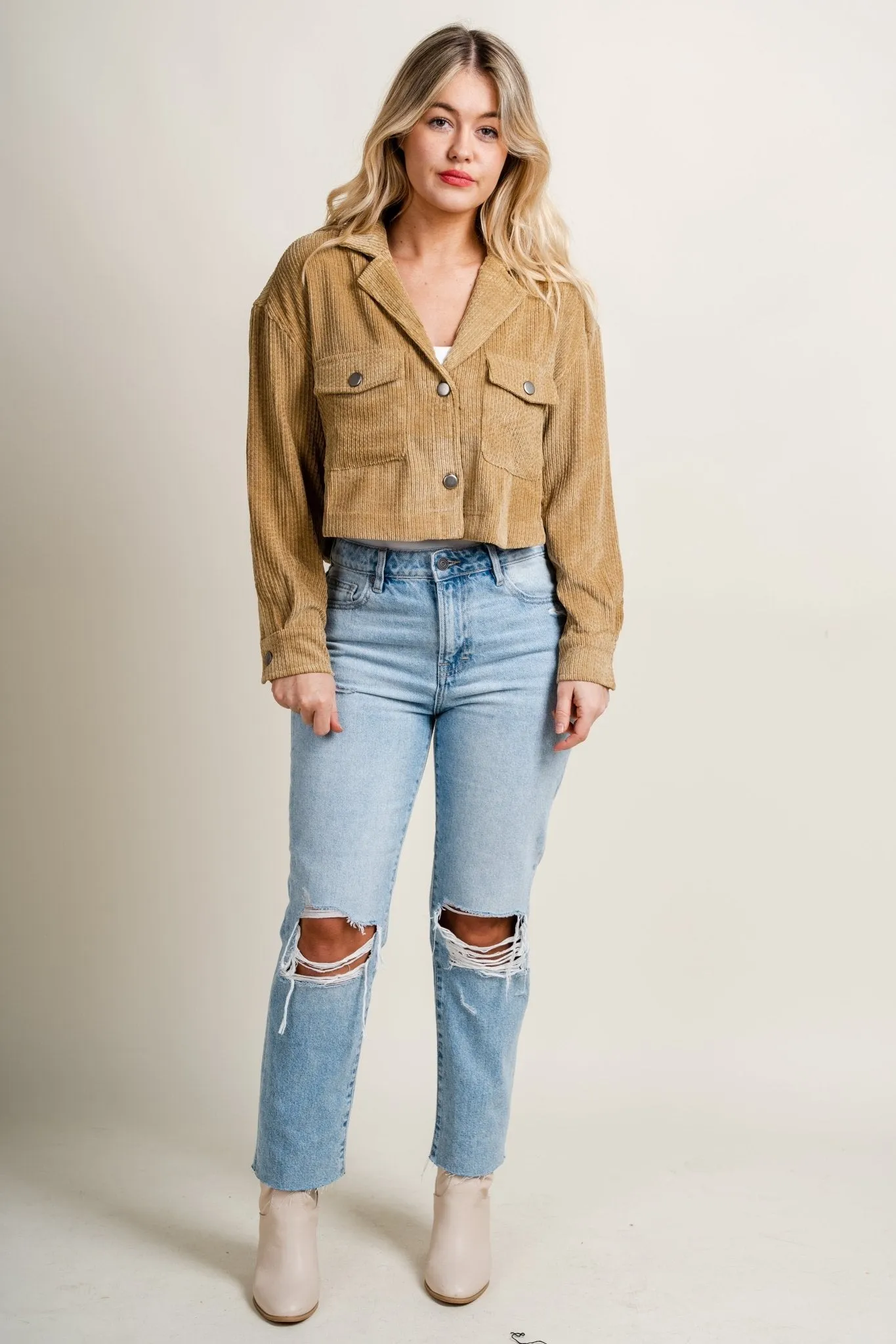 Corduroy crop button up top sand