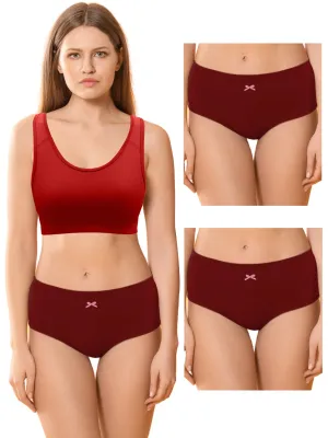 Cotton Hipster Briefs For Women | Breathable | Elasticated Waistband | Maroon Solid Panties Pack Of 3