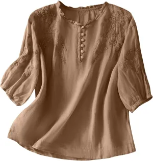 Cotton Linen Shirt for Women 2025 Summer Crewneck Button Embroidered Short Sleeve Boho Blouse Dressy Casual Vacation Top