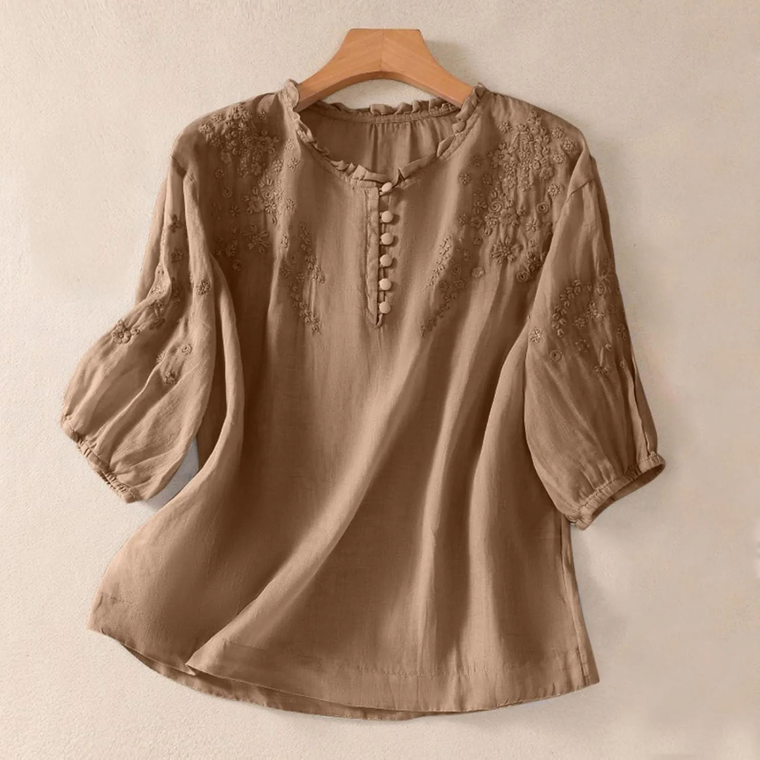 Cotton Linen Shirt for Women 2025 Summer Crewneck Button Embroidered Short Sleeve Boho Blouse Dressy Casual Vacation Top