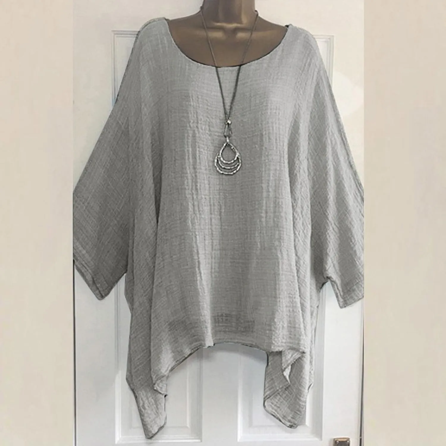 Cotton Linen Shirt for Women Plus Size Long Sleeve Crewneck Casual Tops Basic Loose Fit Lightweight Comfy Tees Summer Clothes