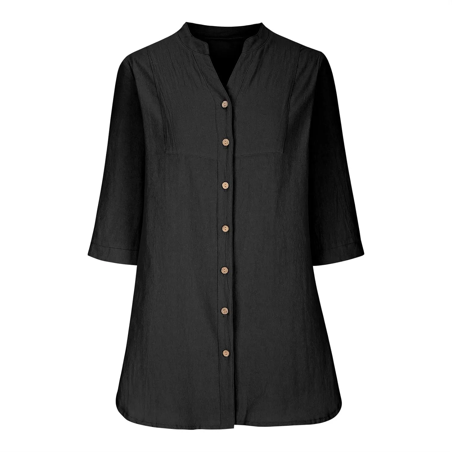 Cotton Linen Shirts for Women 2025 Buttons V Neck Long Sleeve Tops Summer Spring Tops Swimsuit Coverups Blouse Tees