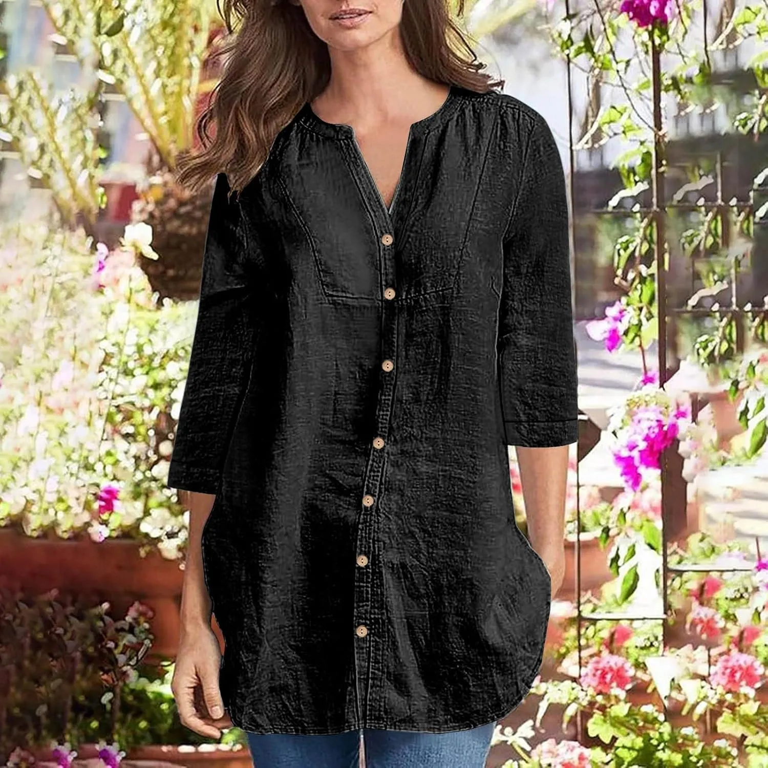 Cotton Linen Shirts for Women 2025 Buttons V Neck Long Sleeve Tops Summer Spring Tops Swimsuit Coverups Blouse Tees