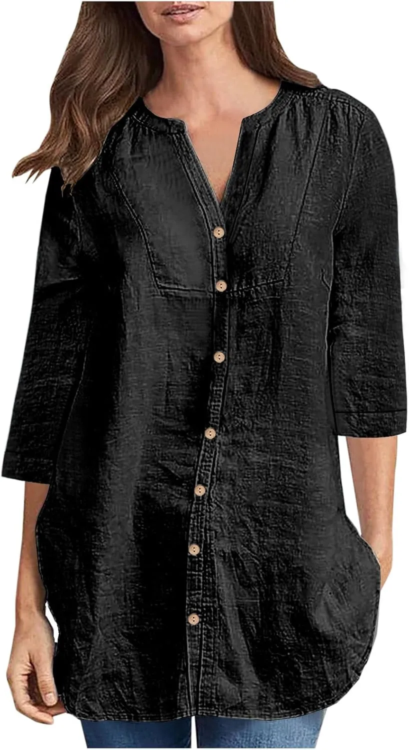 Cotton Linen Shirts for Women 2025 Buttons V Neck Long Sleeve Tops Summer Spring Tops Swimsuit Coverups Blouse Tees
