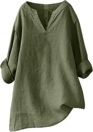Cotton Linen Shirts for Women Plus Size V Neck Long Sleeve Summer Tops Casual Loose Fit Vintage Blouse Tunic Top 2025