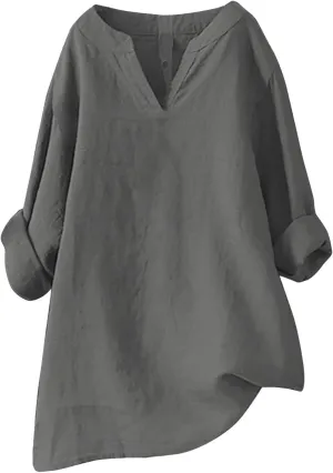 Cotton Linen Shirts for Women Plus Size V Neck Long Sleeve Summer Tops Casual Loose Fit Vintage Blouse Tunic Top 2025