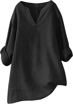 Cotton Linen Shirts for Women Plus Size V Neck Long Sleeve Summer Tops Casual Loose Fit Vintage Blouse Tunic Top 2025