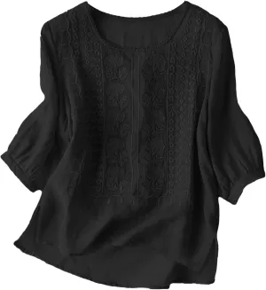Cotton Linen Shirts for Women Summer Oversized Vintage Embroidery 3/4 Sleeve Short Sleeve Casual Trendy Tops Blouses