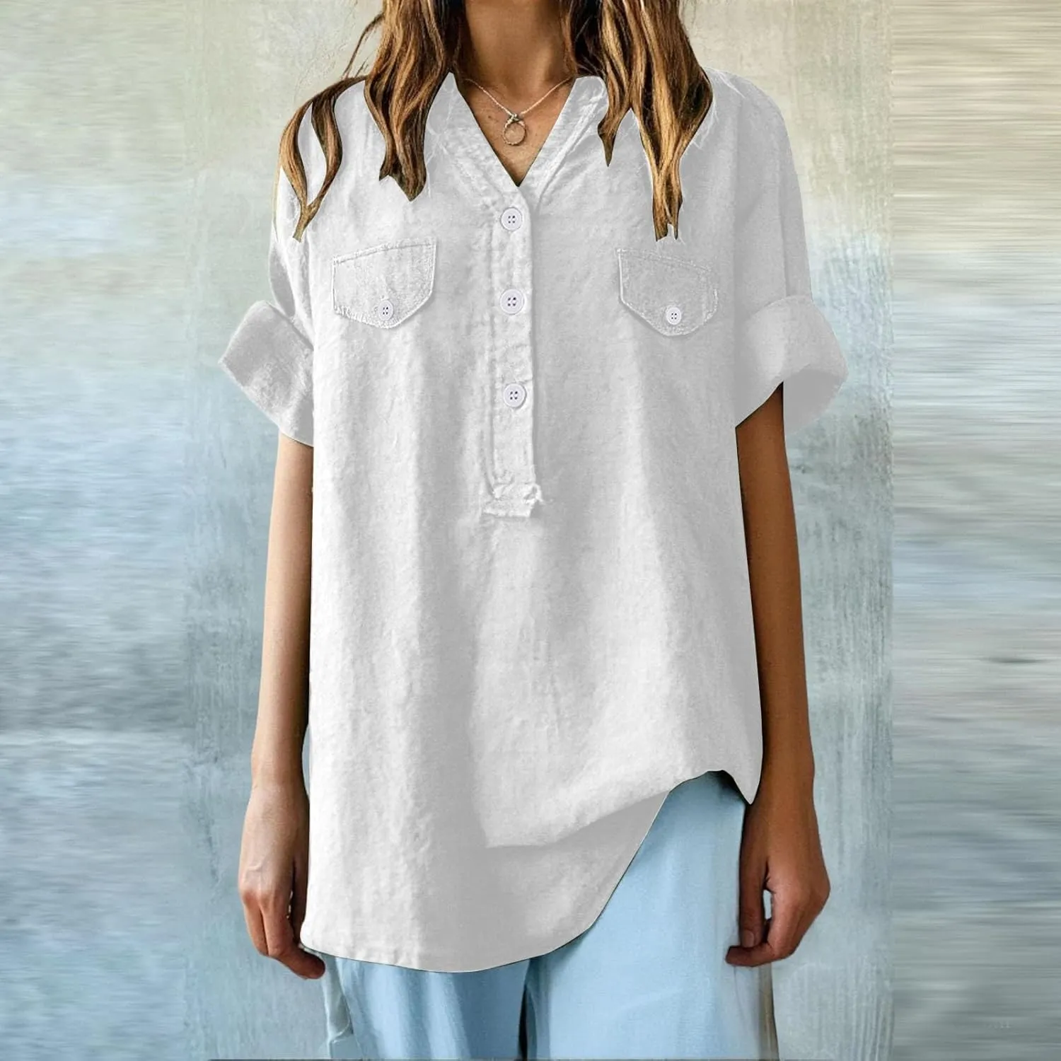 Cotton Linen Shirts for Women Vneck Button Short Sleeve T Shirts Lightweight Breathable Summer Casual Tops Plus Size