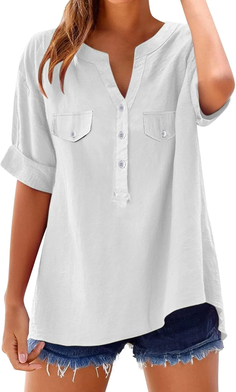 Cotton Linen Shirts for Women Vneck Button Short Sleeve T Shirts Lightweight Breathable Summer Casual Tops Plus Size